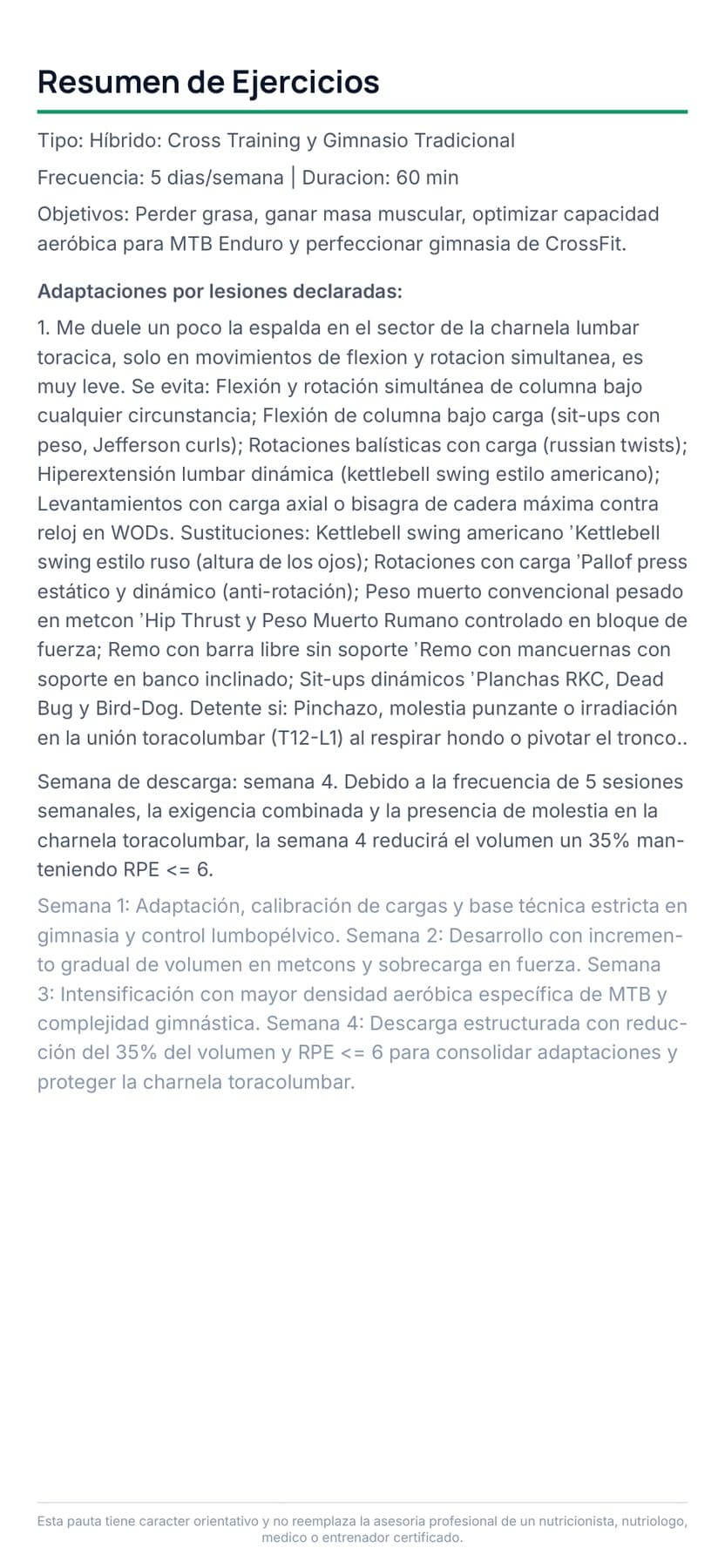 Resumen del plan personalizado