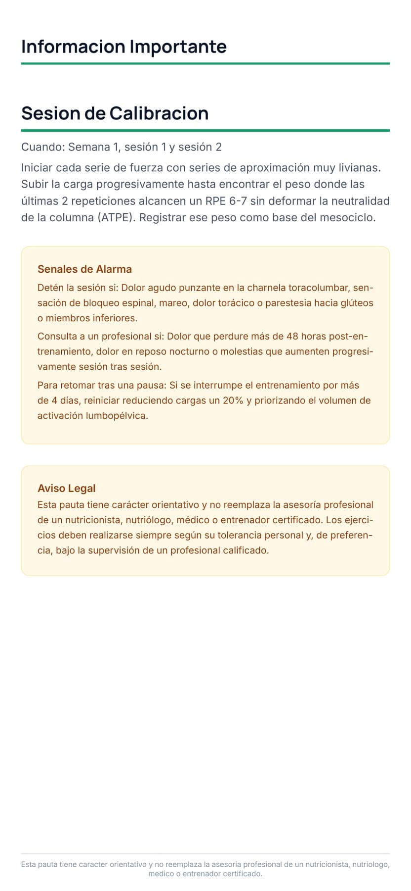 Sesión de calibración y señales de alarma